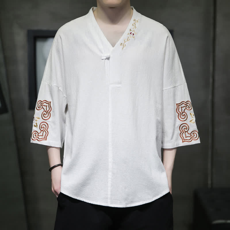 Buddha Stones 夏物唐風刺繍入りVネック花柄半袖シャツ（ボタン1つ） - 白 - US/UK/AU46、 EU56 (5XL) - image 8