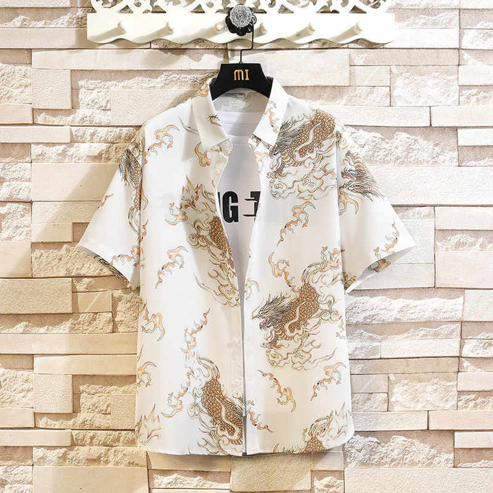 Buddha Stones 夏物 ドラゴン柄 ボタンアップ メンズ 半袖シャツ - 白 - US/UK/AU46、 EU56 (5XL) - image 13