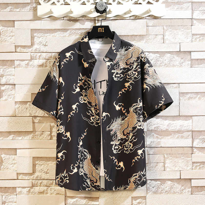 Buddha Stones 夏物 ドラゴン柄 ボタンアップ メンズ 半袖シャツ - 黒 - US/UK/AU46、 EU56 (5XL) - image 0