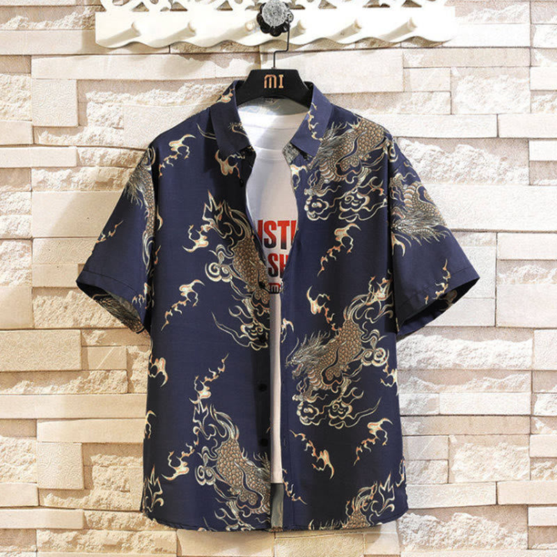 Buddha Stones 夏物 ドラゴン柄 ボタンアップ メンズ 半袖シャツ - スチールブルー - US/UK/AU46、 EU56 (5XL) - image 9