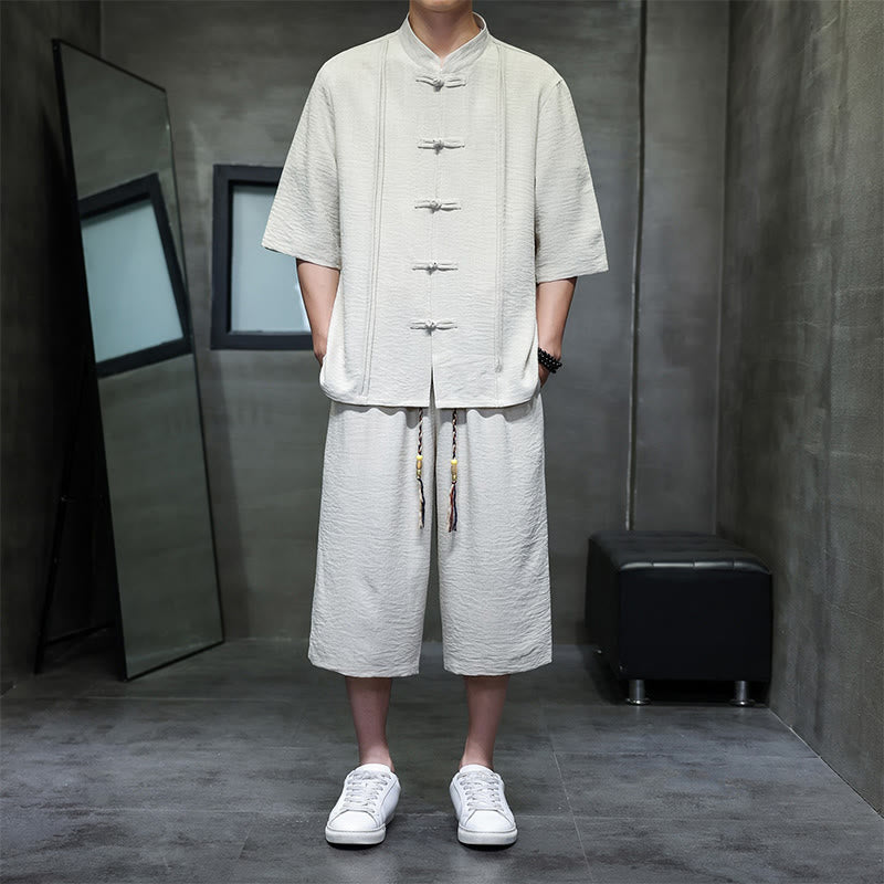 Buddha Stones 夏用唐草風カエルボタン無地肘丈袖シャツとクロップドパンツのメンズ瞑想服（ポケット付き）2点セット - ベージュ - US/UK/AU46、 EU56 (5XL) - image 0