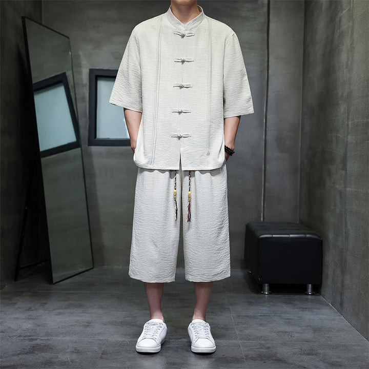Buddha Stones 夏用唐草風カエルボタン無地肘丈袖シャツとクロップドパンツのメンズ瞑想服（ポケット付き）2点セット - ベージュ - US/UK/AU46、 EU56 (5XL) - image 0