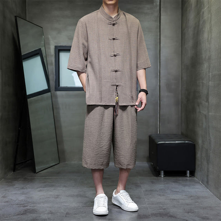 Buddha Stones 夏用唐草風カエルボタン無地肘丈袖シャツとクロップドパンツのメンズ瞑想服（ポケット付き）2点セット - ペルー - US/UK/AU46、 EU56 (5XL) - image 31