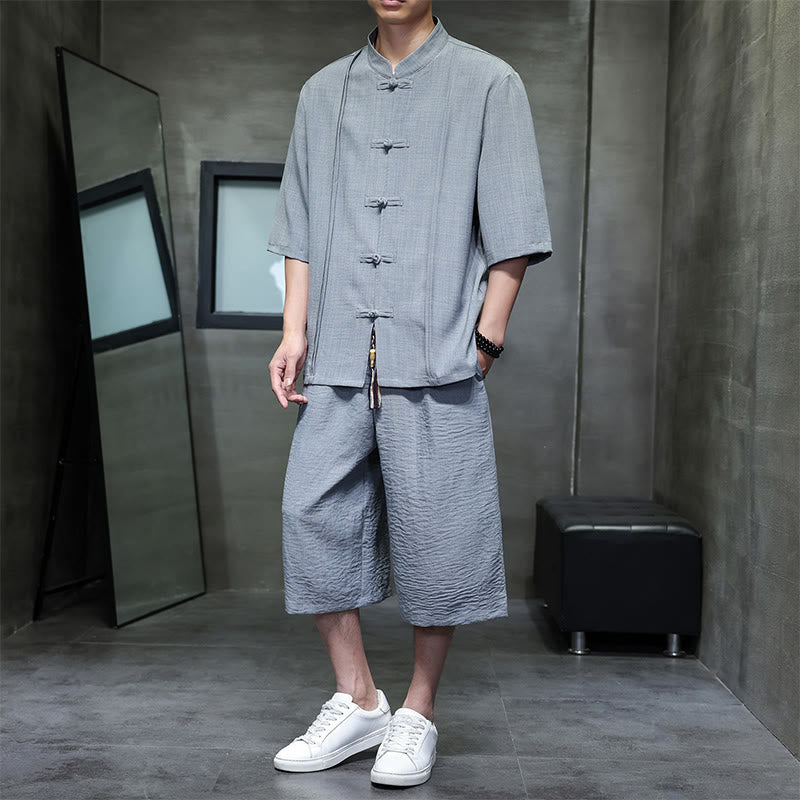 Buddha Stones 夏用唐草風カエルボタン無地肘丈袖シャツとクロップドパンツのメンズ瞑想服（ポケット付き）2点セット - グレー - US/UK/AU46、 EU56 (5XL) - image 9