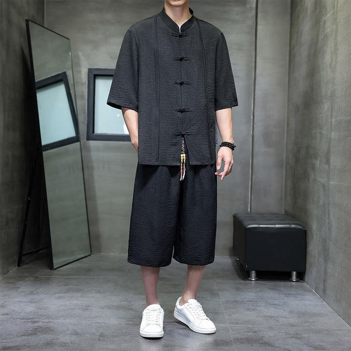 Buddha Stones 夏用唐草風カエルボタン無地肘丈袖シャツとクロップドパンツのメンズ瞑想服（ポケット付き）2点セット - 黒 - US/UK/AU46、 EU56 (5XL) - image 22