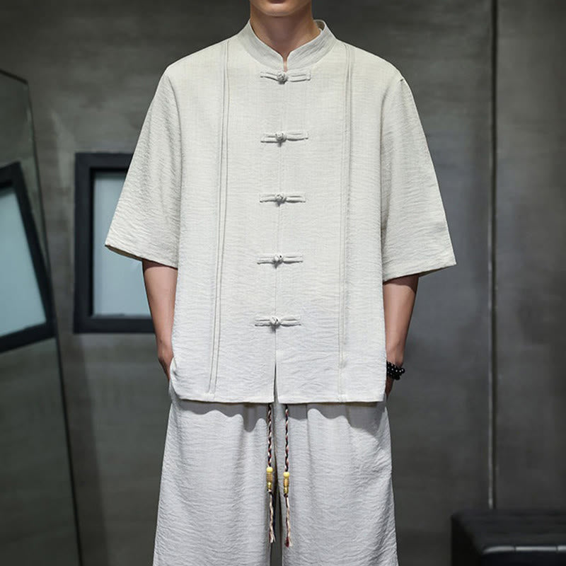 Buddha Stones 夏用唐草風カエルボタン無地肘丈袖シャツとクロップドパンツのメンズ瞑想服（ポケット付き）2点セット - image 7