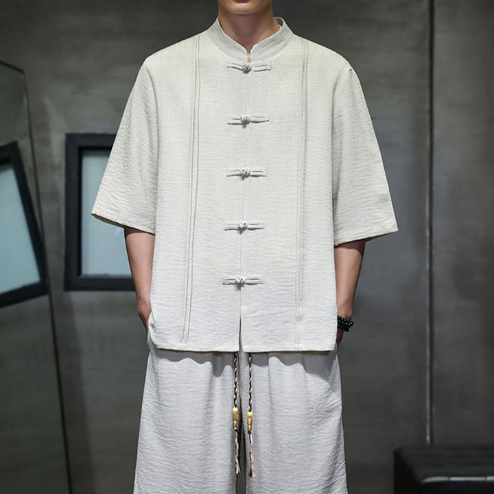 Buddha Stones 夏用唐草風カエルボタン無地肘丈袖シャツとクロップドパンツのメンズ瞑想服（ポケット付き）2点セット - image 7