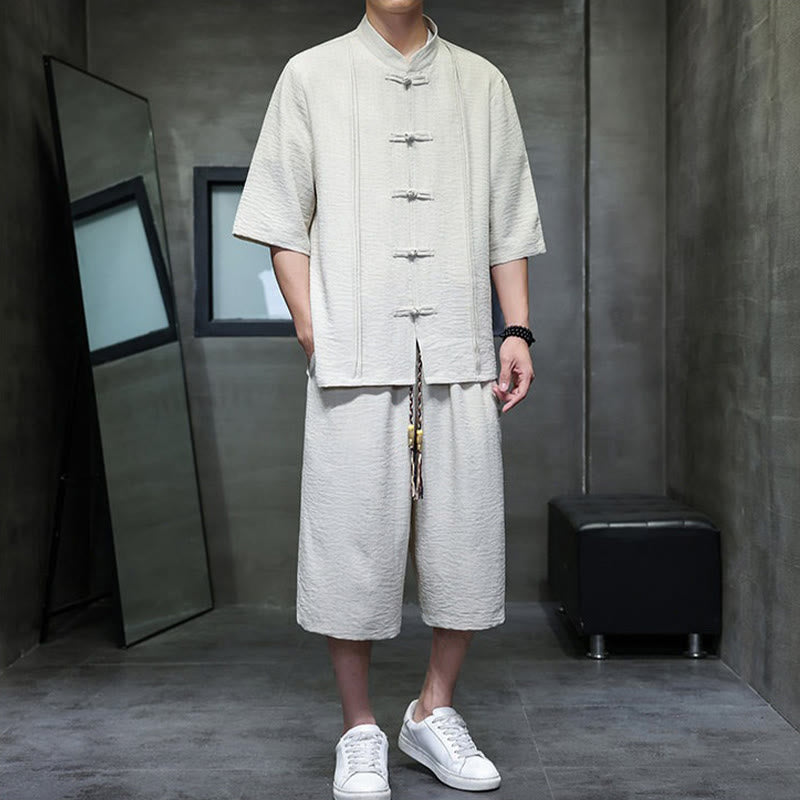 Buddha Stones 夏用唐草風カエルボタン無地肘丈袖シャツとクロップドパンツのメンズ瞑想服（ポケット付き）2点セット - image 1