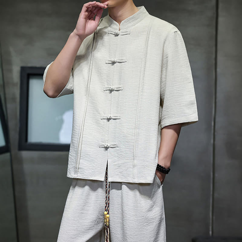 Buddha Stones 夏用唐草風カエルボタン無地肘丈袖シャツとクロップドパンツのメンズ瞑想服（ポケット付き）2点セット - image 8