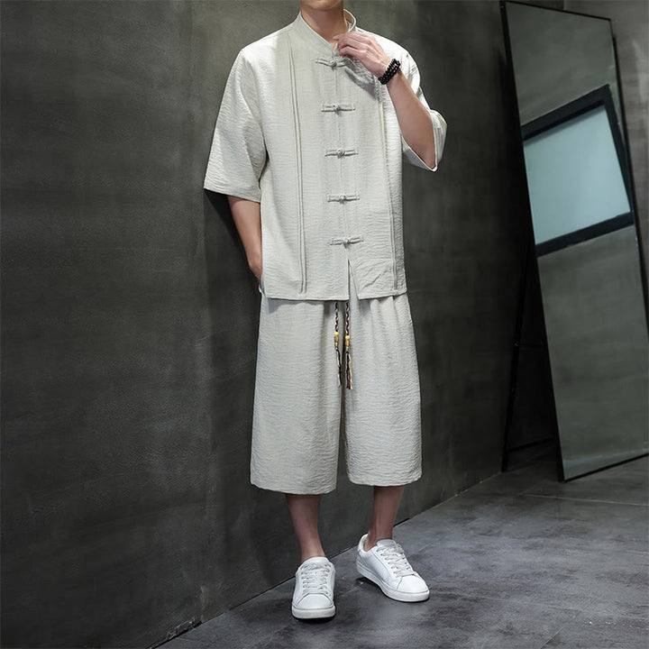Buddha Stones 夏用唐草風カエルボタン無地肘丈袖シャツとクロップドパンツのメンズ瞑想服（ポケット付き）2点セット - image 4