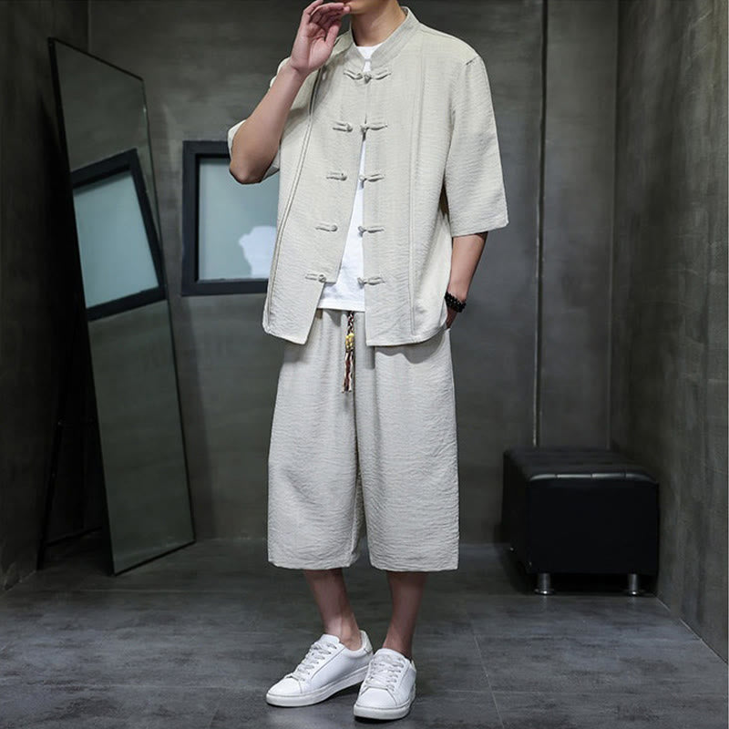 Buddha Stones 夏用唐草風カエルボタン無地肘丈袖シャツとクロップドパンツのメンズ瞑想服（ポケット付き）2点セット - image 5