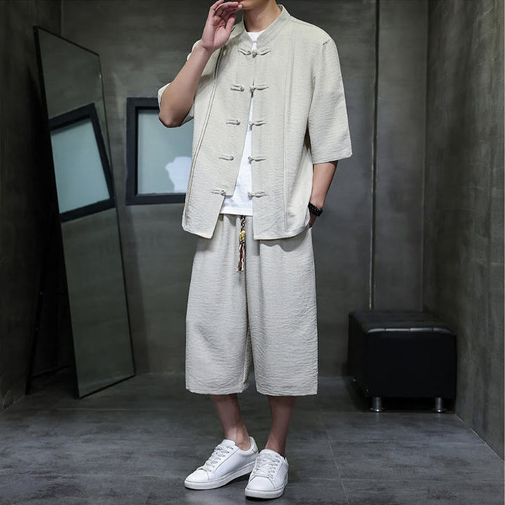 Buddha Stones 夏用唐草風カエルボタン無地肘丈袖シャツとクロップドパンツのメンズ瞑想服（ポケット付き）2点セット - image 5