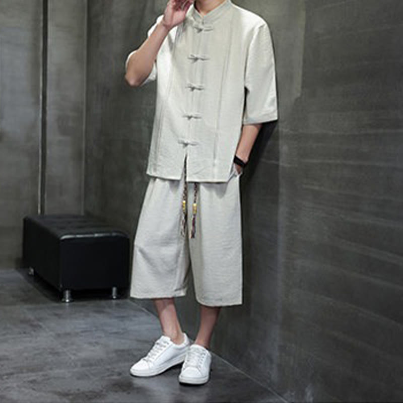 Buddha Stones 夏用唐草風カエルボタン無地肘丈袖シャツとクロップドパンツのメンズ瞑想服（ポケット付き）2点セット - image 2