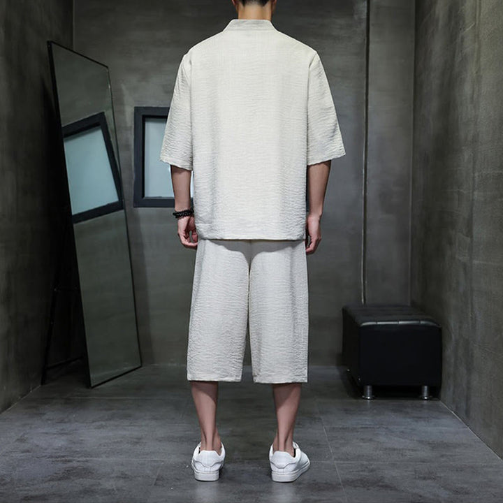 Buddha Stones 夏用唐草風カエルボタン無地肘丈袖シャツとクロップドパンツのメンズ瞑想服（ポケット付き）2点セット - image 3