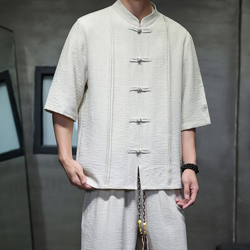 Buddha Stones 夏用唐草風カエルボタン無地肘丈袖シャツとクロップドパンツのメンズ瞑想服（ポケット付き）2点セット - image 6