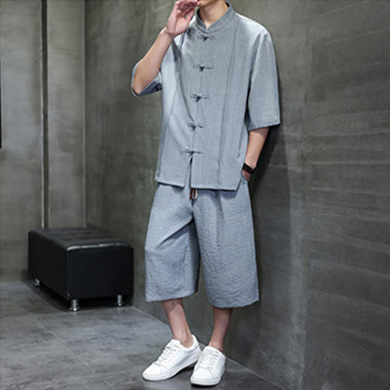 Buddha Stones 夏用唐草風カエルボタン無地肘丈袖シャツとクロップドパンツのメンズ瞑想服（ポケット付き）2点セット - image 11