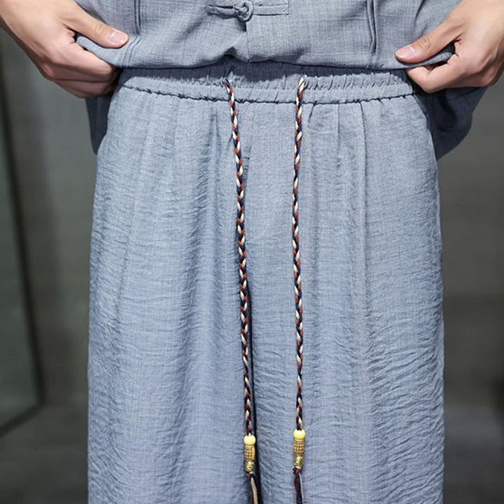 Buddha Stones 夏用唐草風カエルボタン無地肘丈袖シャツとクロップドパンツのメンズ瞑想服（ポケット付き）2点セット - image 18