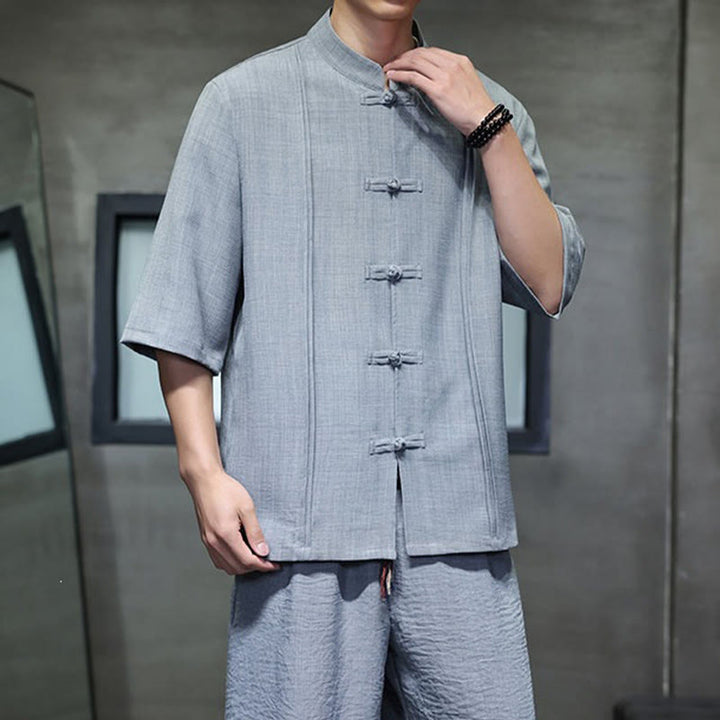 Buddha Stones 夏用唐草風カエルボタン無地肘丈袖シャツとクロップドパンツのメンズ瞑想服（ポケット付き）2点セット - image 15