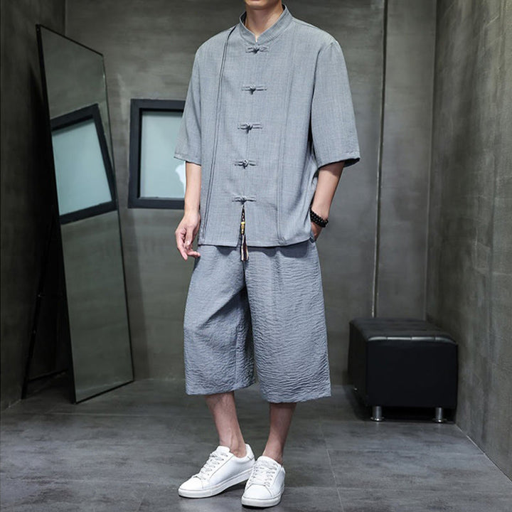 Buddha Stones 夏用唐草風カエルボタン無地肘丈袖シャツとクロップドパンツのメンズ瞑想服（ポケット付き）2点セット - image 13