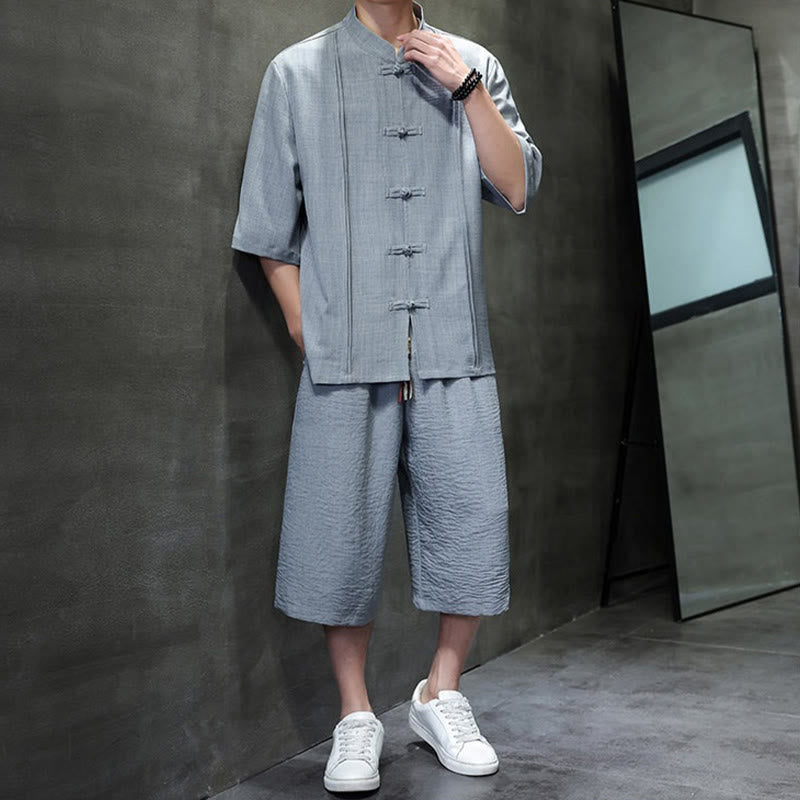 Buddha Stones 夏用唐草風カエルボタン無地肘丈袖シャツとクロップドパンツのメンズ瞑想服（ポケット付き）2点セット - image 14