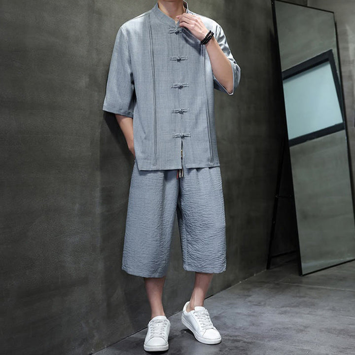 Buddha Stones 夏用唐草風カエルボタン無地肘丈袖シャツとクロップドパンツのメンズ瞑想服（ポケット付き）2点セット - image 14