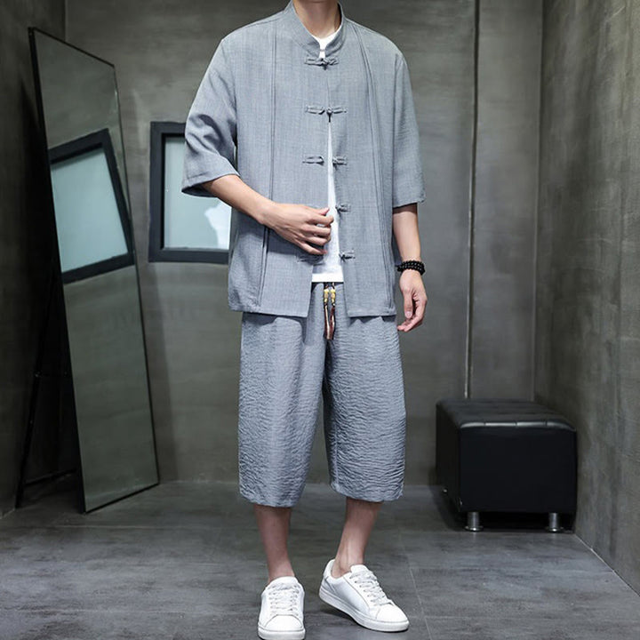 Buddha Stones 夏用唐草風カエルボタン無地肘丈袖シャツとクロップドパンツのメンズ瞑想服（ポケット付き）2点セット - image 12