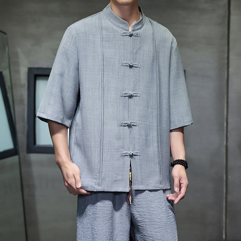 Buddha Stones 夏用唐草風カエルボタン無地肘丈袖シャツとクロップドパンツのメンズ瞑想服（ポケット付き）2点セット - image 17