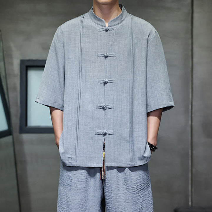 Buddha Stones 夏用唐草風カエルボタン無地肘丈袖シャツとクロップドパンツのメンズ瞑想服（ポケット付き）2点セット - image 16