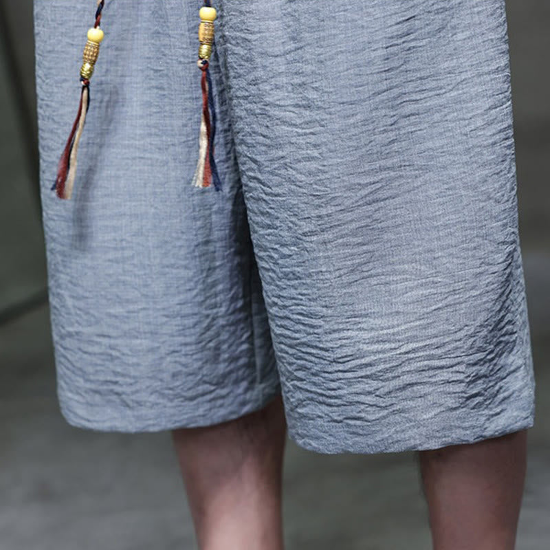 Buddha Stones 夏用唐草風カエルボタン無地肘丈袖シャツとクロップドパンツのメンズ瞑想服（ポケット付き）2点セット - image 21