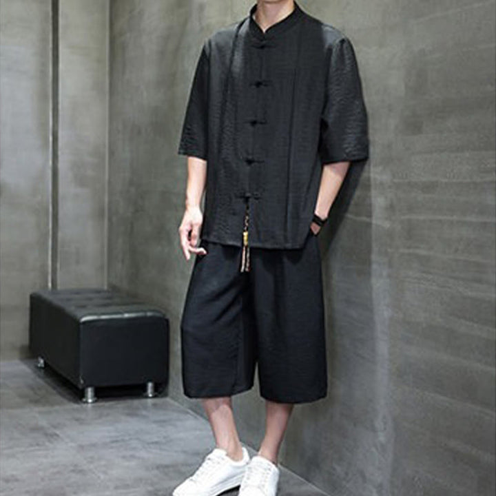 Buddha Stones 夏用唐草風カエルボタン無地肘丈袖シャツとクロップドパンツのメンズ瞑想服（ポケット付き）2点セット - image 24