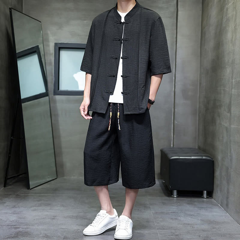 Buddha Stones 夏用唐草風カエルボタン無地肘丈袖シャツとクロップドパンツのメンズ瞑想服（ポケット付き）2点セット - image 27