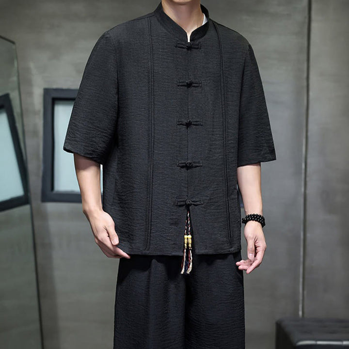 Buddha Stones 夏用唐草風カエルボタン無地肘丈袖シャツとクロップドパンツのメンズ瞑想服（ポケット付き）2点セット - image 30
