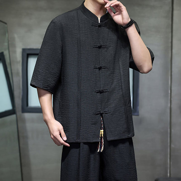 Buddha Stones 夏用唐草風カエルボタン無地肘丈袖シャツとクロップドパンツのメンズ瞑想服（ポケット付き）2点セット - image 28