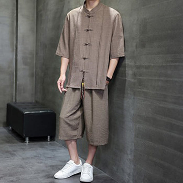 Buddha Stones 夏用唐草風カエルボタン無地肘丈袖シャツとクロップドパンツのメンズ瞑想服（ポケット付き）2点セット - image 33