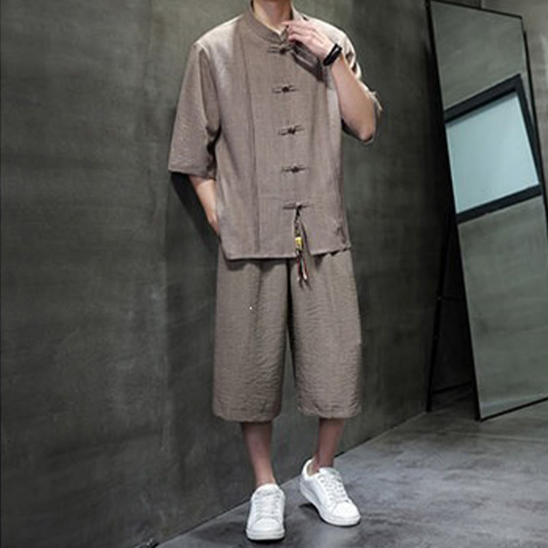 Buddha Stones 夏用唐草風カエルボタン無地肘丈袖シャツとクロップドパンツのメンズ瞑想服（ポケット付き）2点セット - image 32