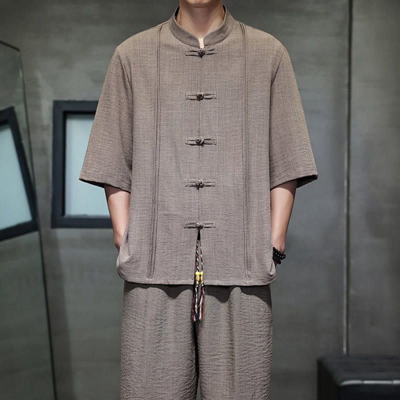 Buddha Stones 夏用唐草風カエルボタン無地肘丈袖シャツとクロップドパンツのメンズ瞑想服（ポケット付き）2点セット - image 38