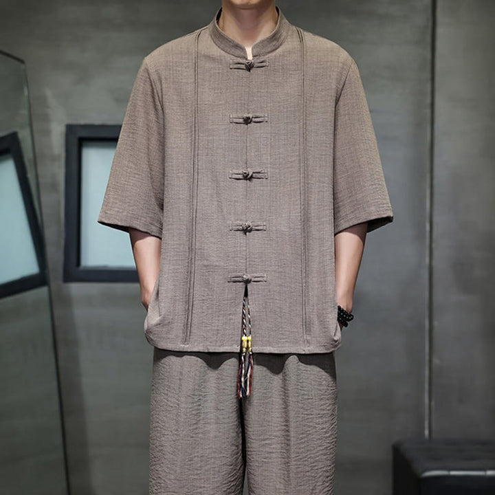 Buddha Stones 夏用唐草風カエルボタン無地肘丈袖シャツとクロップドパンツのメンズ瞑想服（ポケット付き）2点セット - image 38