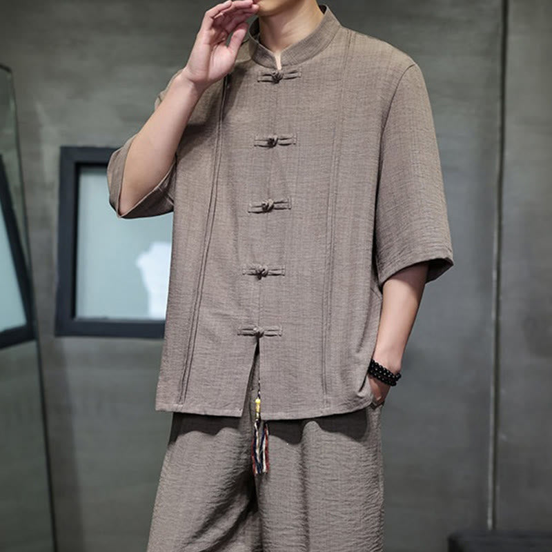 Buddha Stones 夏用唐草風カエルボタン無地肘丈袖シャツとクロップドパンツのメンズ瞑想服（ポケット付き）2点セット - image 40