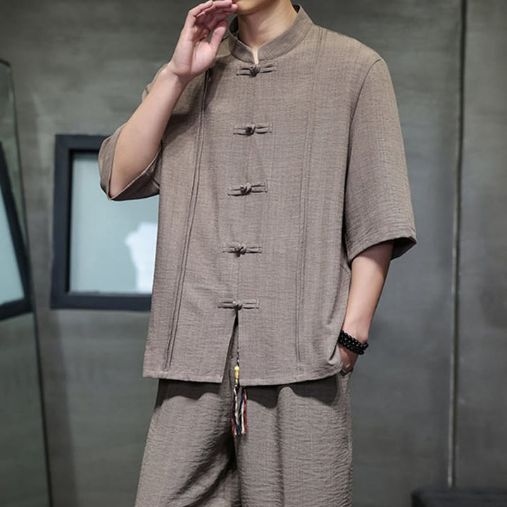 Buddha Stones 夏用唐草風カエルボタン無地肘丈袖シャツとクロップドパンツのメンズ瞑想服（ポケット付き）2点セット - image 40
