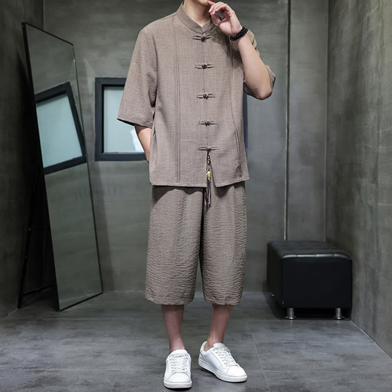 Buddha Stones 夏用唐草風カエルボタン無地肘丈袖シャツとクロップドパンツのメンズ瞑想服（ポケット付き）2点セット - image 37
