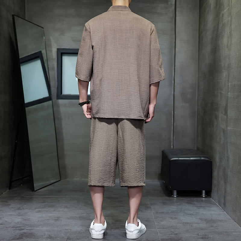 Buddha Stones 夏用唐草風カエルボタン無地肘丈袖シャツとクロップドパンツのメンズ瞑想服（ポケット付き）2点セット - image 34