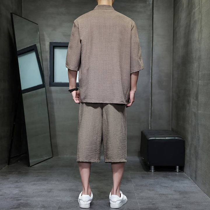 Buddha Stones 夏用唐草風カエルボタン無地肘丈袖シャツとクロップドパンツのメンズ瞑想服（ポケット付き）2点セット - image 34