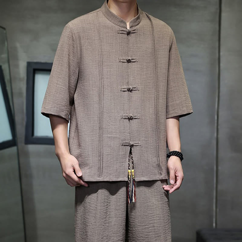 Buddha Stones 夏用唐草風カエルボタン無地肘丈袖シャツとクロップドパンツのメンズ瞑想服（ポケット付き）2点セット - image 39