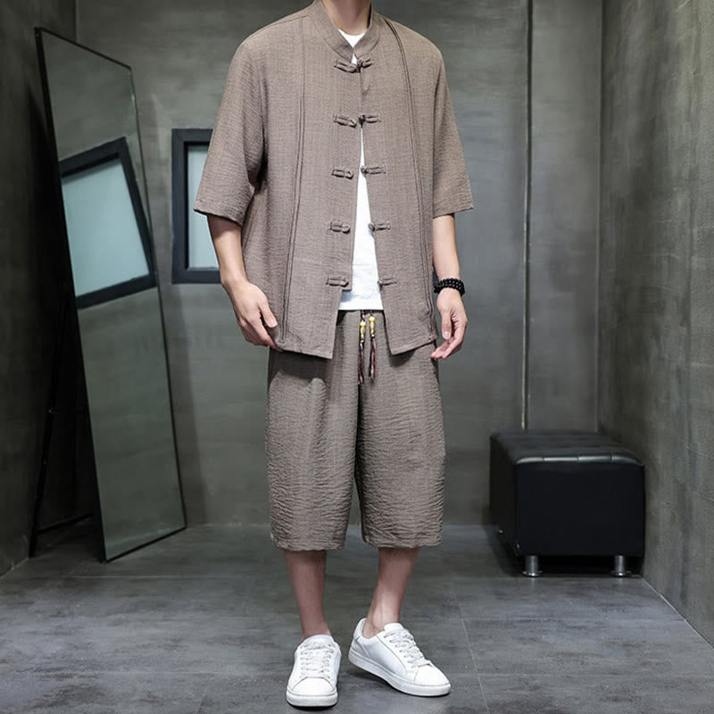 Buddha Stones 夏用唐草風カエルボタン無地肘丈袖シャツとクロップドパンツのメンズ瞑想服（ポケット付き）2点セット - image 35
