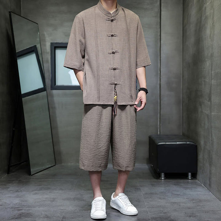 Buddha Stones 夏用唐草風カエルボタン無地肘丈袖シャツとクロップドパンツのメンズ瞑想服（ポケット付き）2点セット - image 36