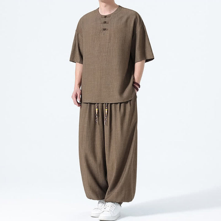 Buddha Stones 夏用唐風カエルボタン無地半袖シャツハーレムパンツメンズ瞑想服ポケット付き2点セット - image 2