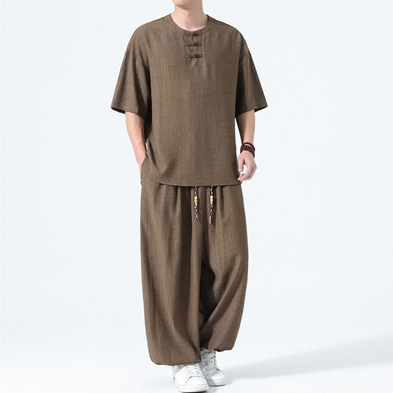 Buddha Stones 夏用唐風カエルボタン無地半袖シャツハーレムパンツメンズ瞑想服ポケット付き2点セット - image 5