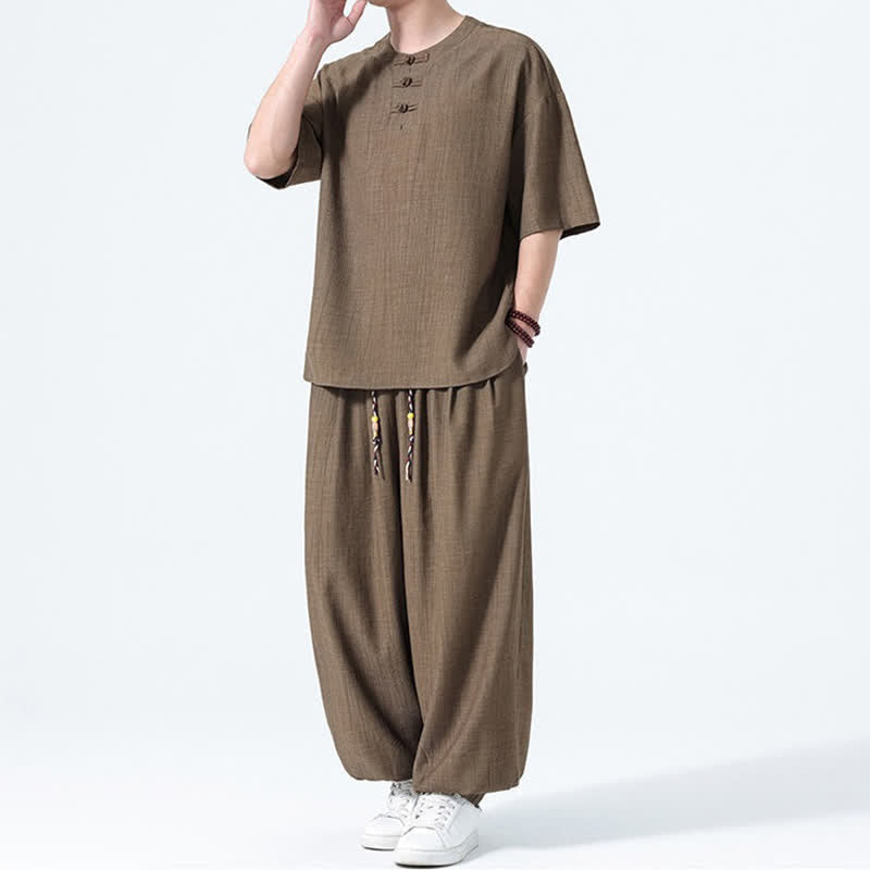 Buddha Stones 夏用唐風カエルボタン無地半袖シャツハーレムパンツメンズ瞑想服ポケット付き2点セット - image 4