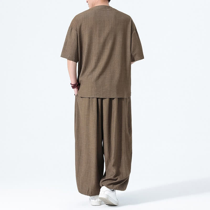 Buddha Stones 夏用唐風カエルボタン無地半袖シャツハーレムパンツメンズ瞑想服ポケット付き2点セット - image 3