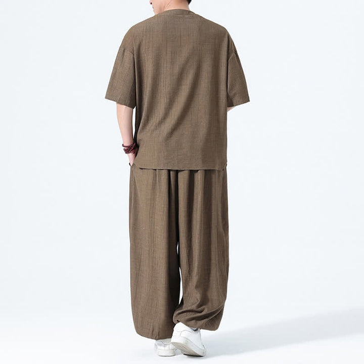 Buddha Stones 夏用唐風カエルボタン無地半袖シャツハーレムパンツメンズ瞑想服ポケット付き2点セット - image 3